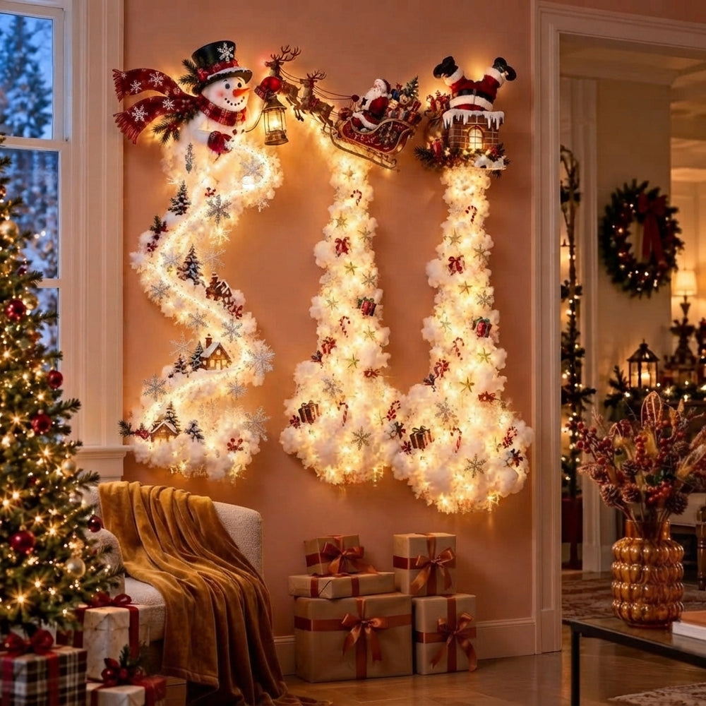 Cascading LED Christmas wall light glowing warmly on a living room wall with terracotta and amber decor in the background.