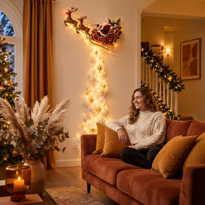 A woman relaxing on a sofa in a modern living room while admiring a glowing Cascading LED Christmas wall light.