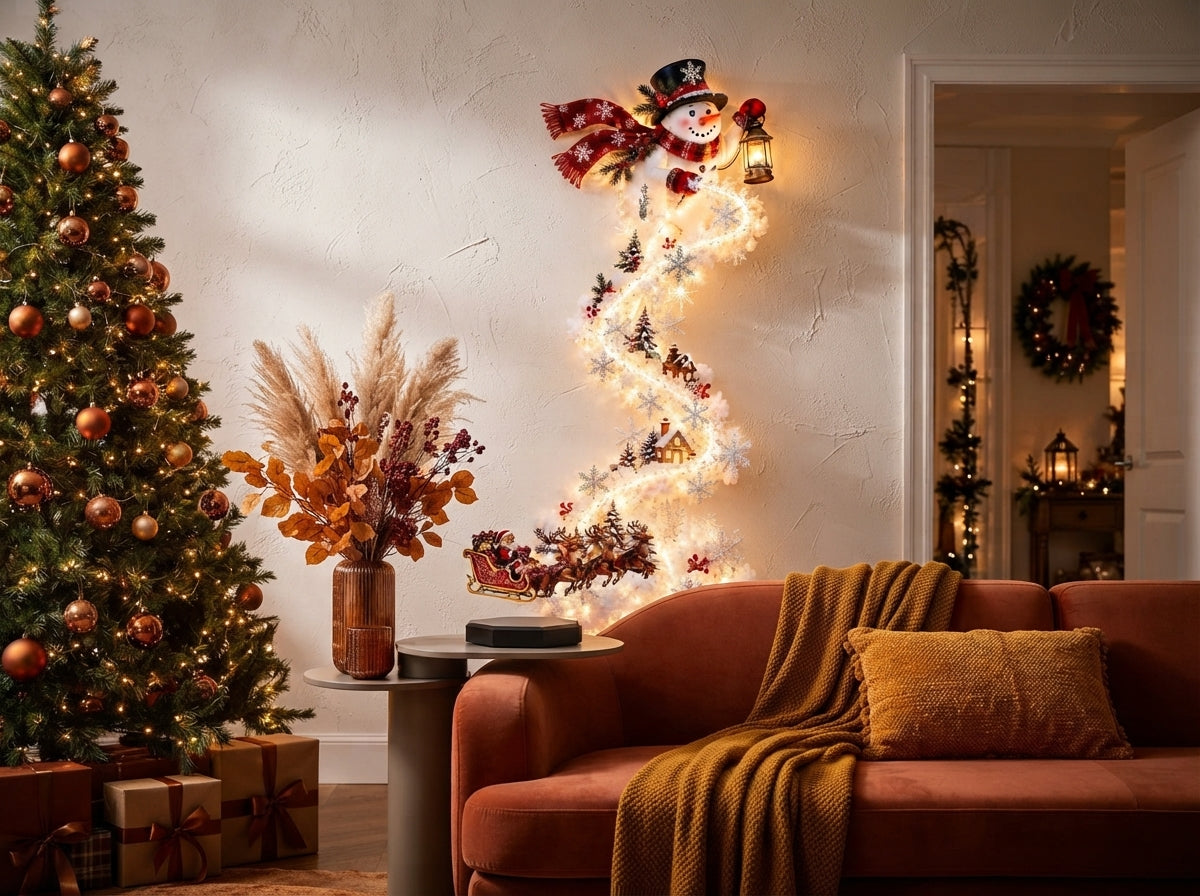Cascading LED Christmas wall light and magnetic levitating Santa sleigh displayed in a modern living room with warm decor.