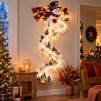 Cascading LED Christmas wall light hanging in a festive living room decorated with terracotta and amber accents.